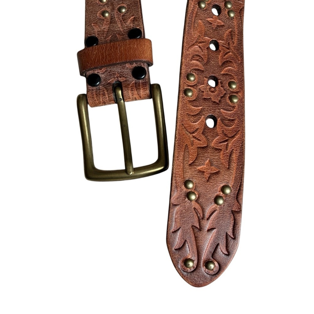 Honest By Brighton Tooled Leather Studded Belt Brown - Picture 2 of 11